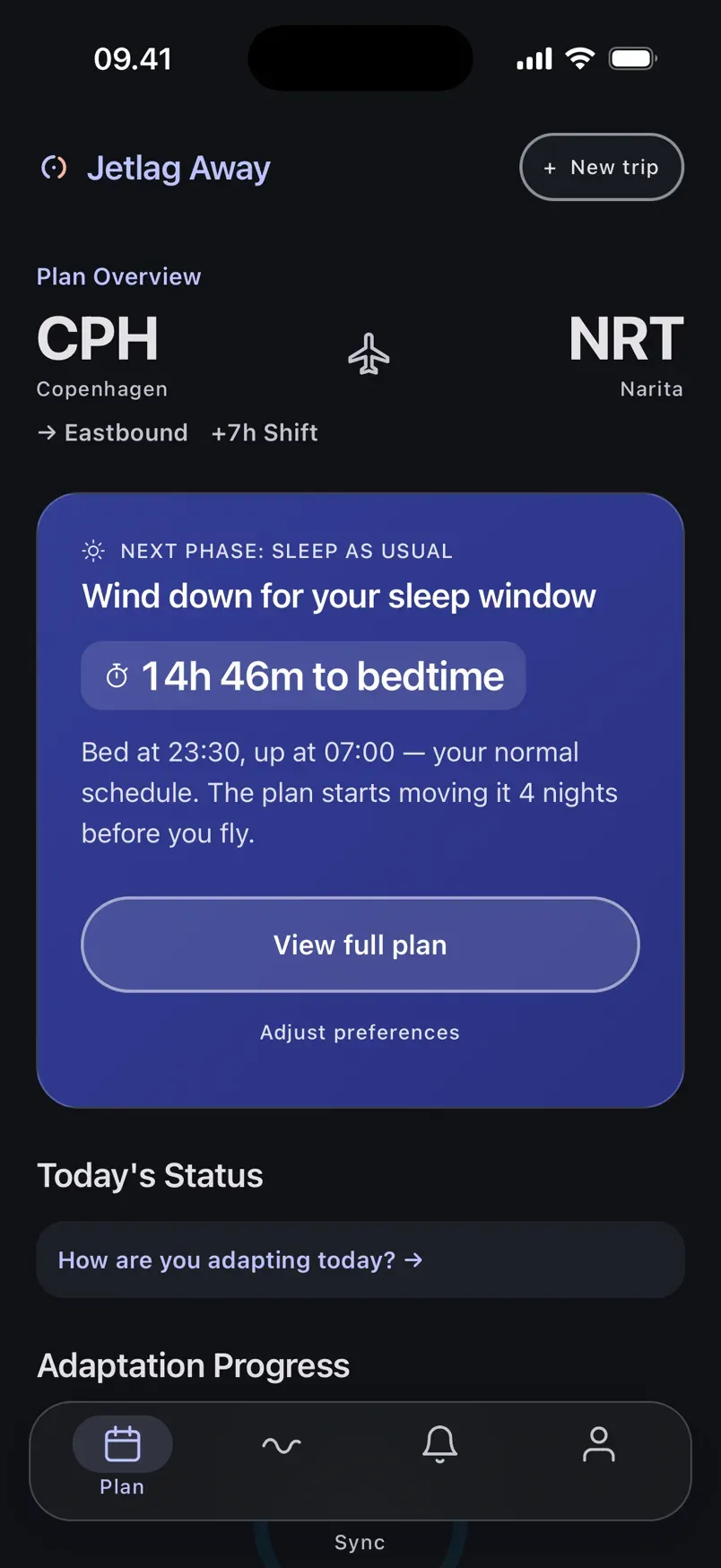 The Jetlag Away plan screen, showing a Copenhagen to Narita trip with a seven-hour eastbound shift and a countdown to the next sleep window.