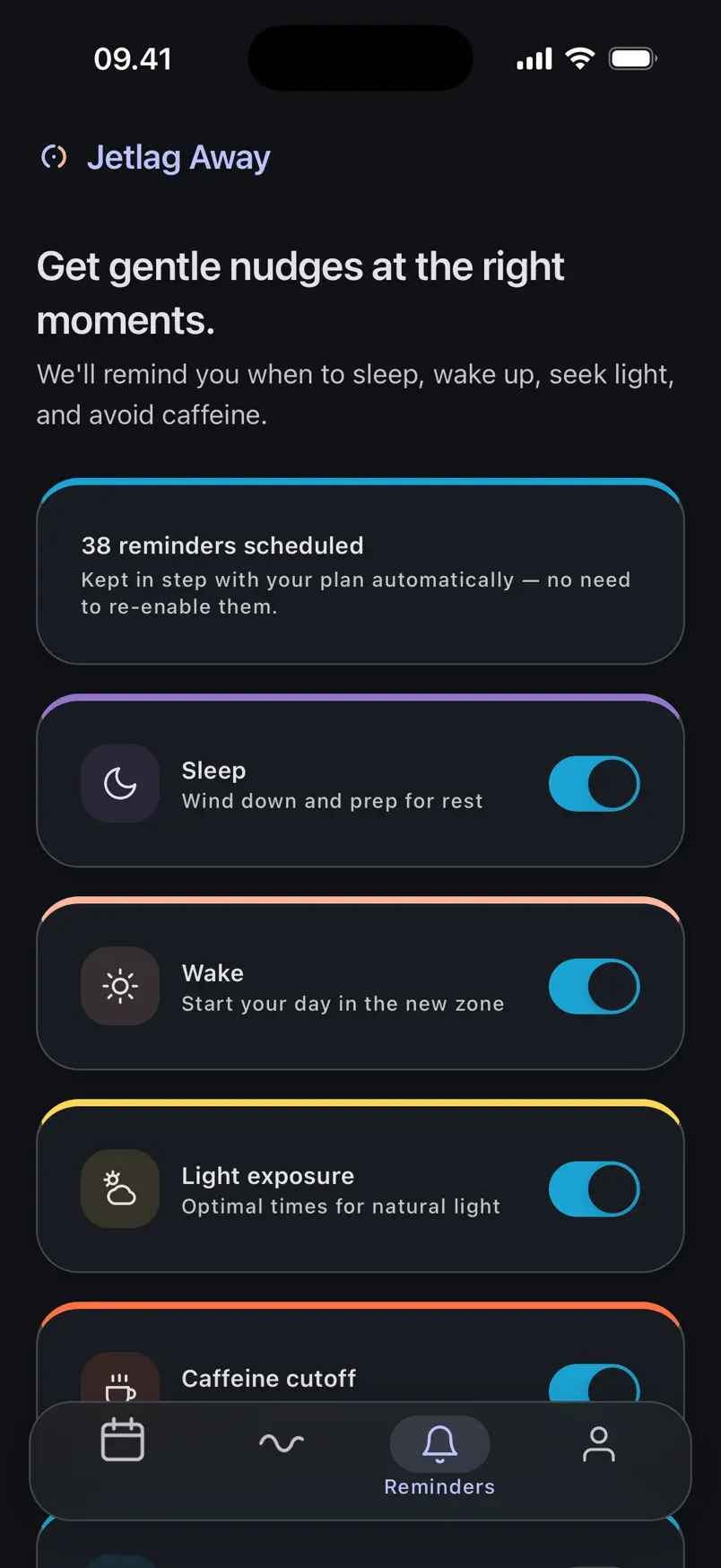 The Jetlag Away reminders screen, showing 38 scheduled reminders and switches for sleep, wake, light exposure and caffeine cutoff.
